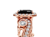 Rose gold Fancy Black Emerald Cut Halo Diamond Ring with Milgrain and Bezel Accents on a Split Shank Band_29