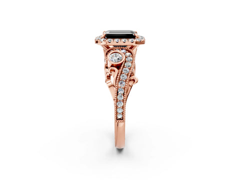 Rose gold Fancy Black Emerald Cut Halo Diamond Ring with Milgrain and Bezel Accents on a Split Shank Band_2