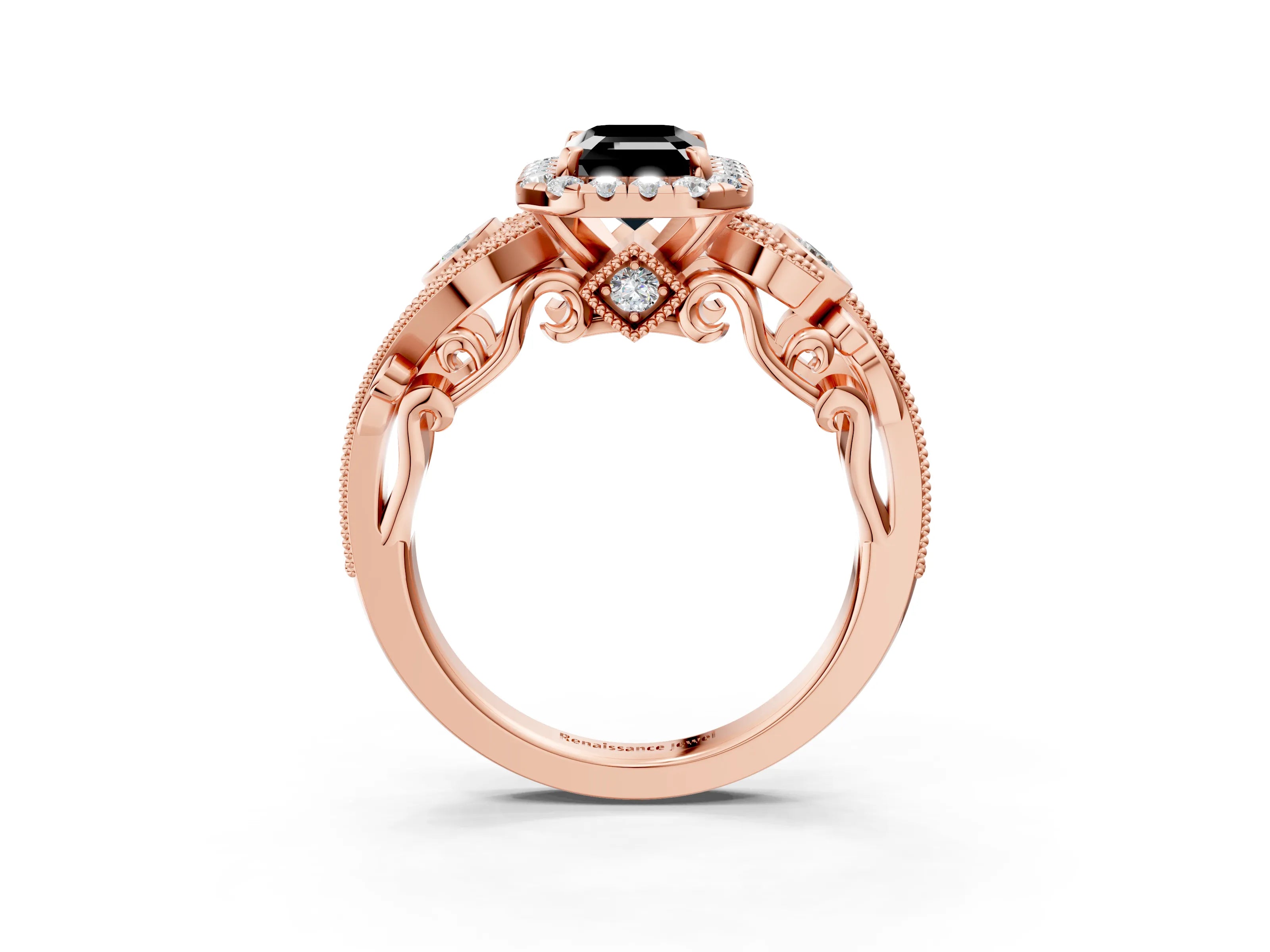 Rose gold Fancy Black Emerald Cut Halo Diamond Ring with Milgrain and Bezel Accents on a Split Shank Band_3