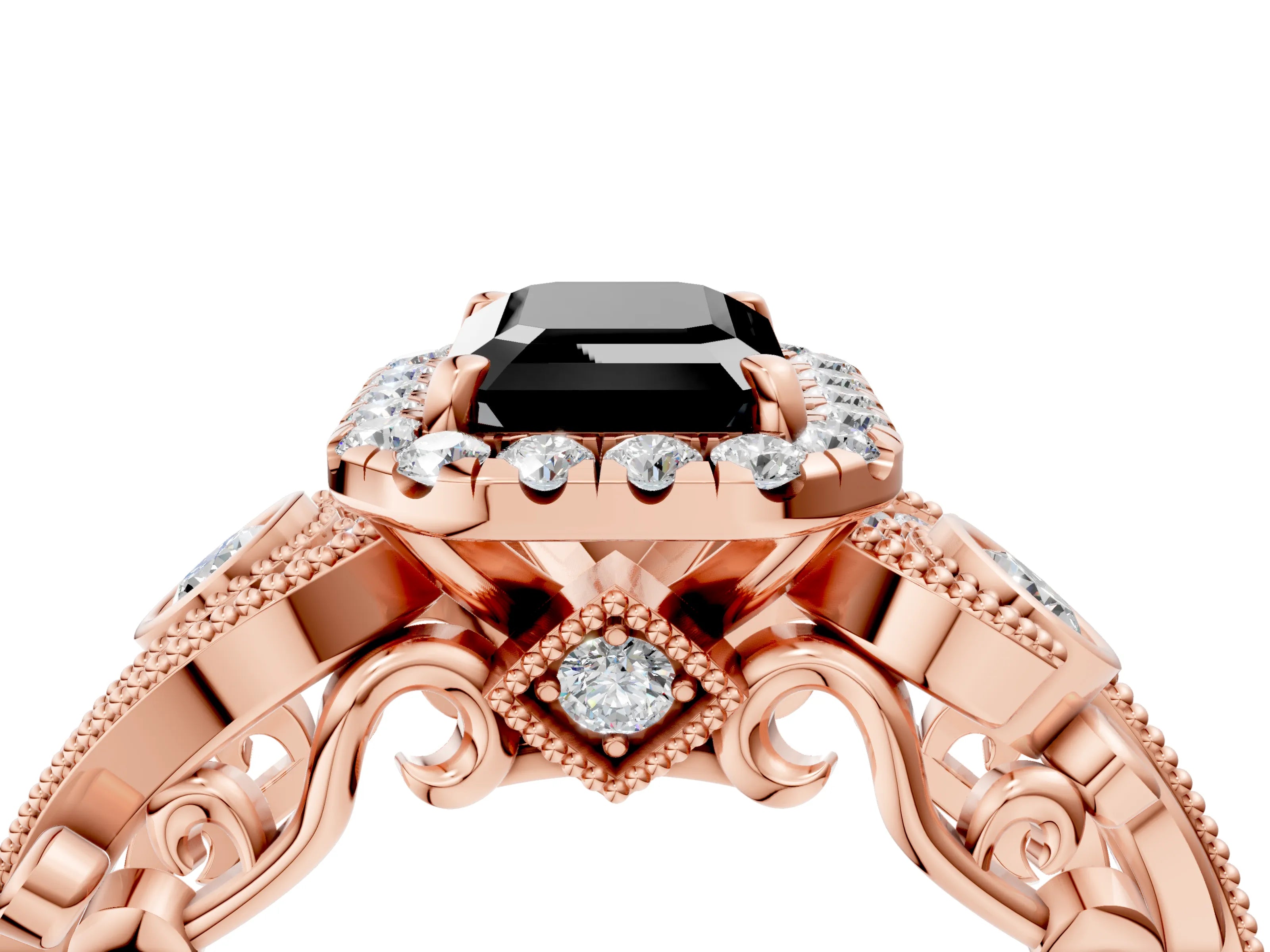 Rose gold Fancy Black Emerald Cut Halo Diamond Ring with Milgrain and Bezel Accents on a Split Shank Band_4