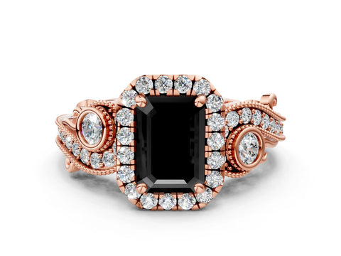 Rose gold Fancy Black Emerald Cut Halo Diamond Ring with Milgrain and Bezel Accents on a Split Shank Band