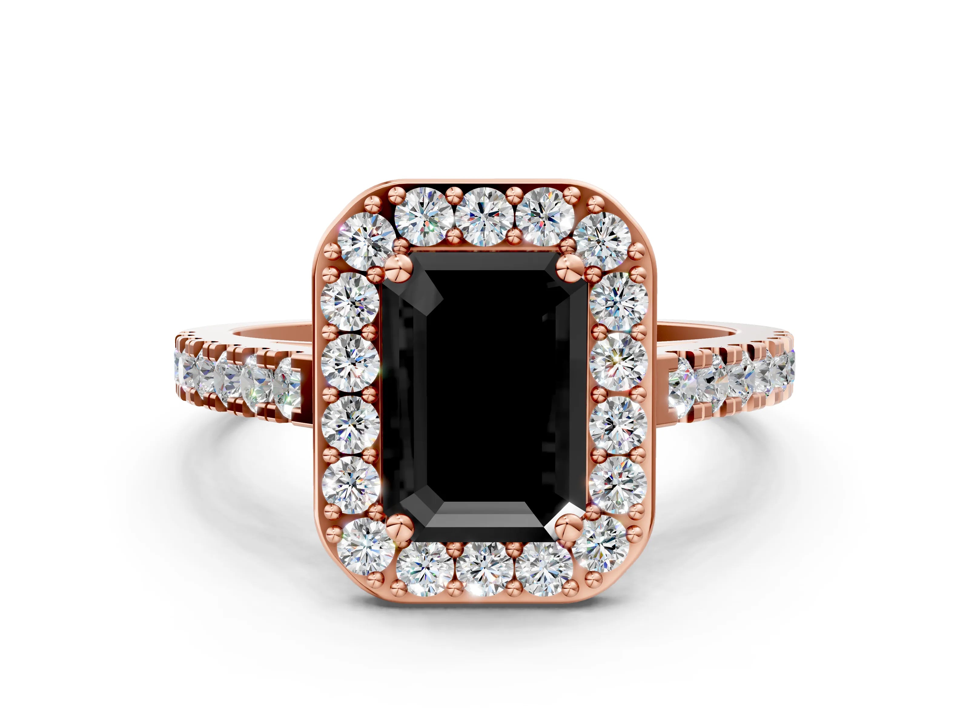 Rose gold Fancy Black Emerald Cut Halo Diamond Ring with Pavé Band and Three-Prong Setting