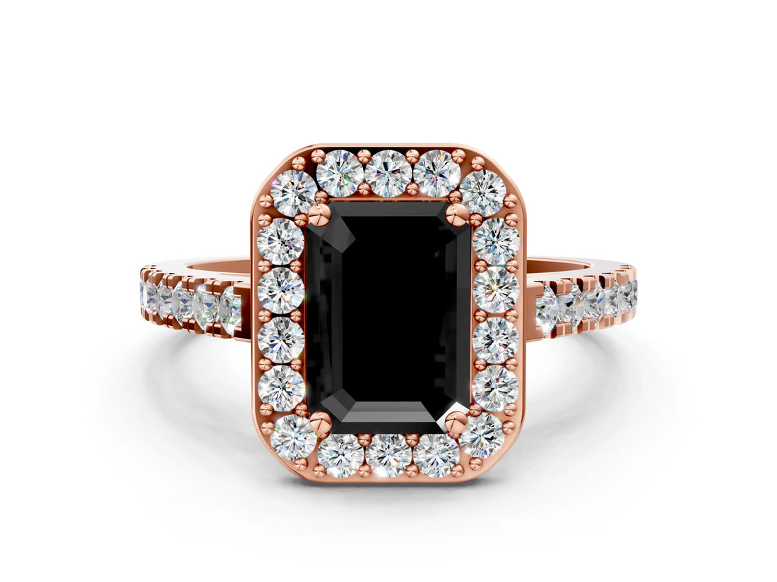 Rose gold Fancy Black Emerald Cut Halo Diamond Ring with Pavé Band and Three-Prong Setting