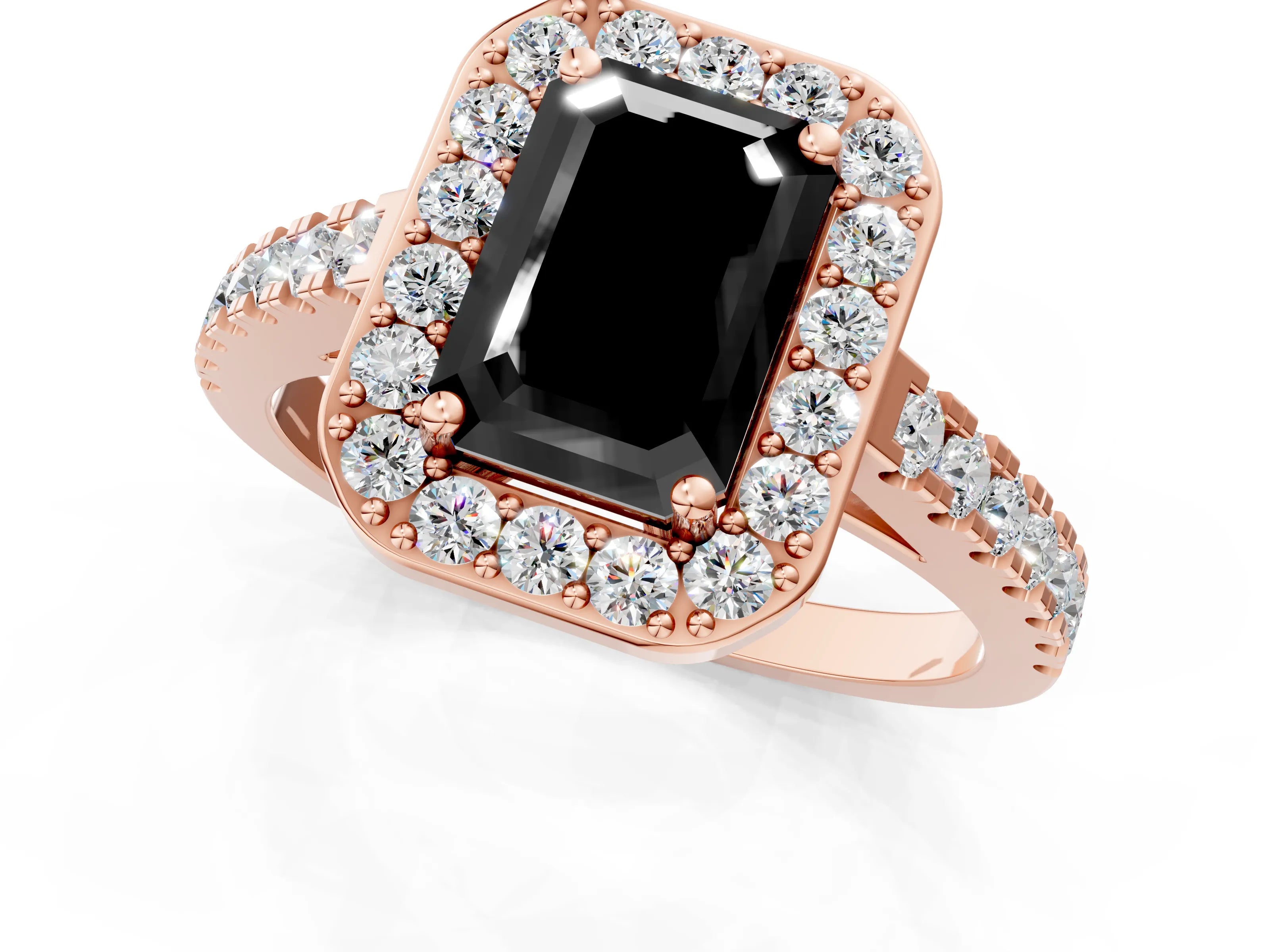 Rose gold Fancy Black Emerald Cut Halo Diamond Ring with Pavé Band and Three-Prong Setting_1