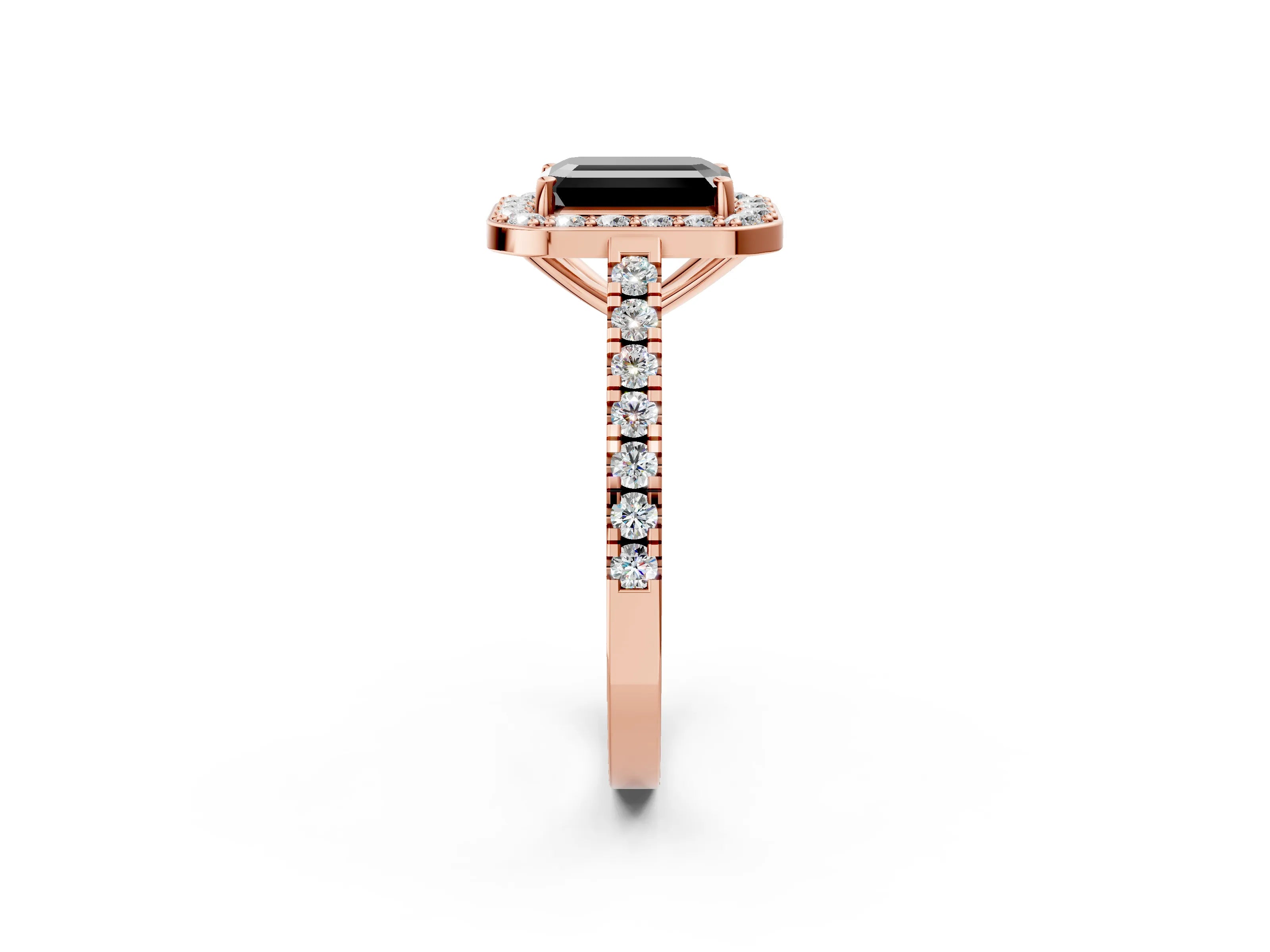 Rose gold Fancy Black Emerald Cut Halo Diamond Ring with Pavé Band and Three-Prong Setting_2