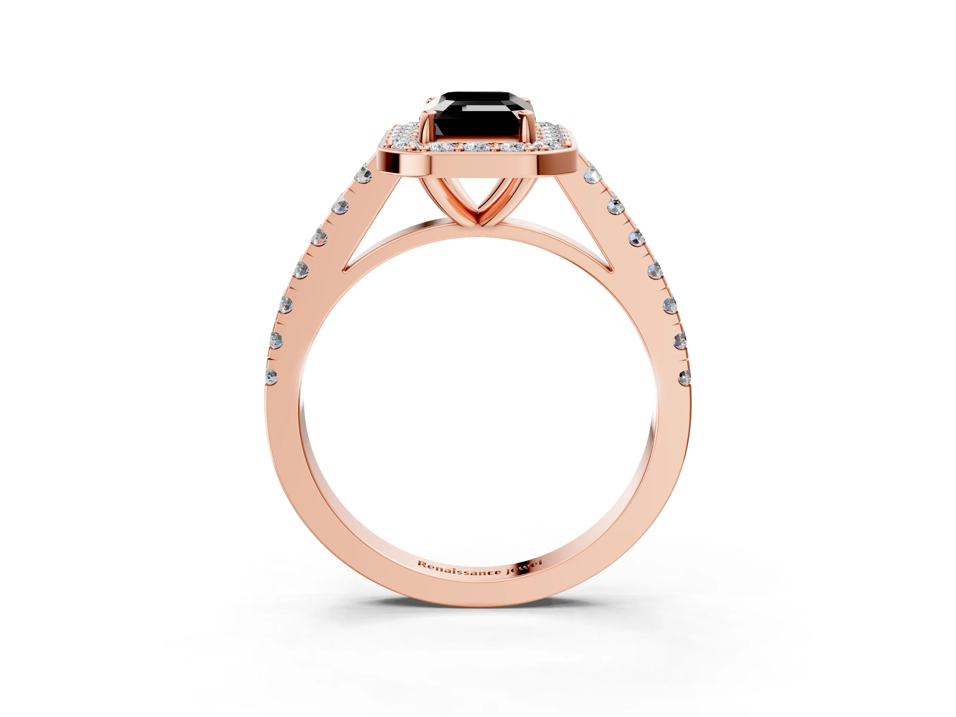 Rose gold Fancy Black Emerald Cut Halo Diamond Ring with Pavé Band and Three-Prong Setting_3