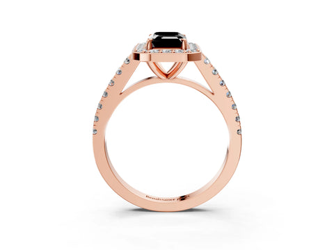 Rose gold Fancy Black Emerald Cut Halo Diamond Ring with Pavé Band and Three-Prong Setting_3