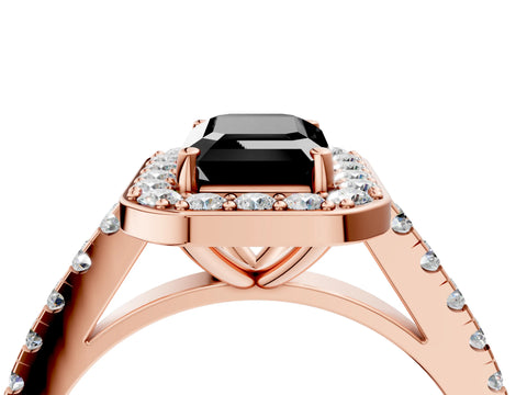 Rose gold Fancy Black Emerald Cut Halo Diamond Ring with Pavé Band and Three-Prong Setting_4