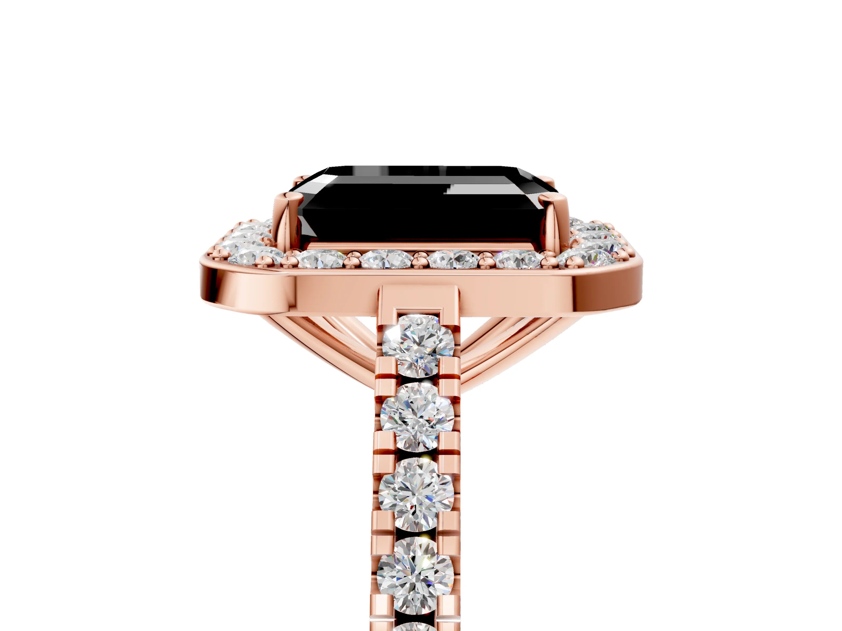 Rose gold Fancy Black Emerald Cut Halo Diamond Ring with Pavé Band and Three-Prong Setting_5
