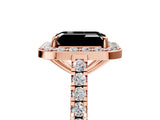 Rose gold Fancy Black Emerald Cut Halo Diamond Ring with Pavé Band and Three-Prong Setting_5