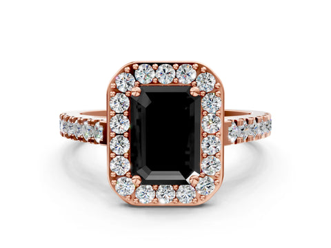 Rose gold Fancy Black Emerald Cut Halo Diamond Ring with Pavé Band and Three-Prong Setting