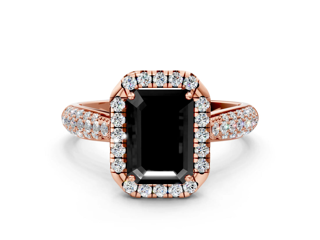 Rose gold Fancy Black Emerald Cut Halo Diamond Ring with Pavé Band
