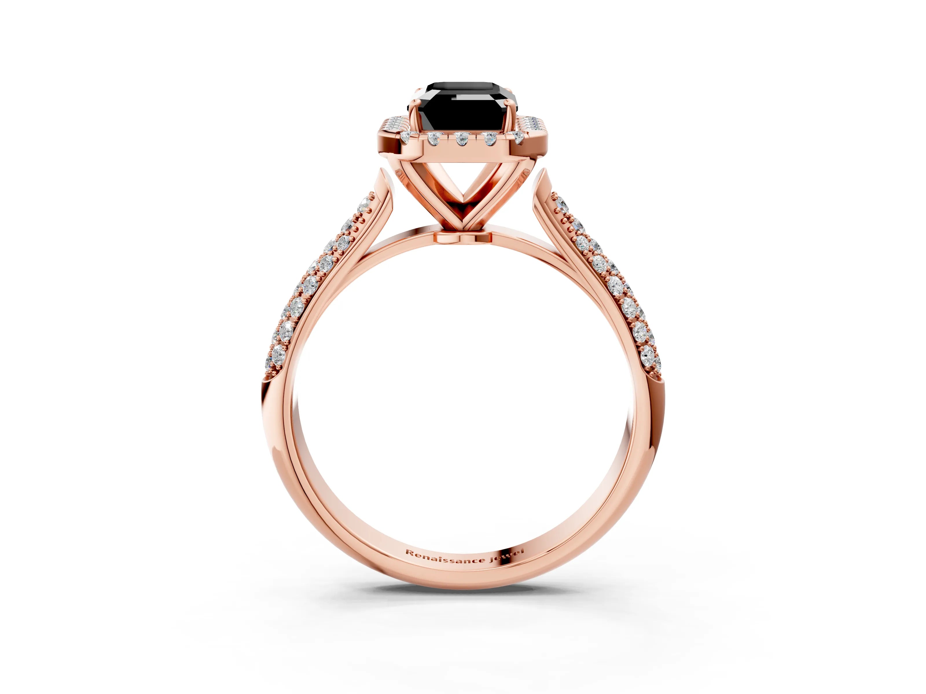 Rose gold Fancy Black Emerald Cut Halo Diamond Ring with Pavé Band_3