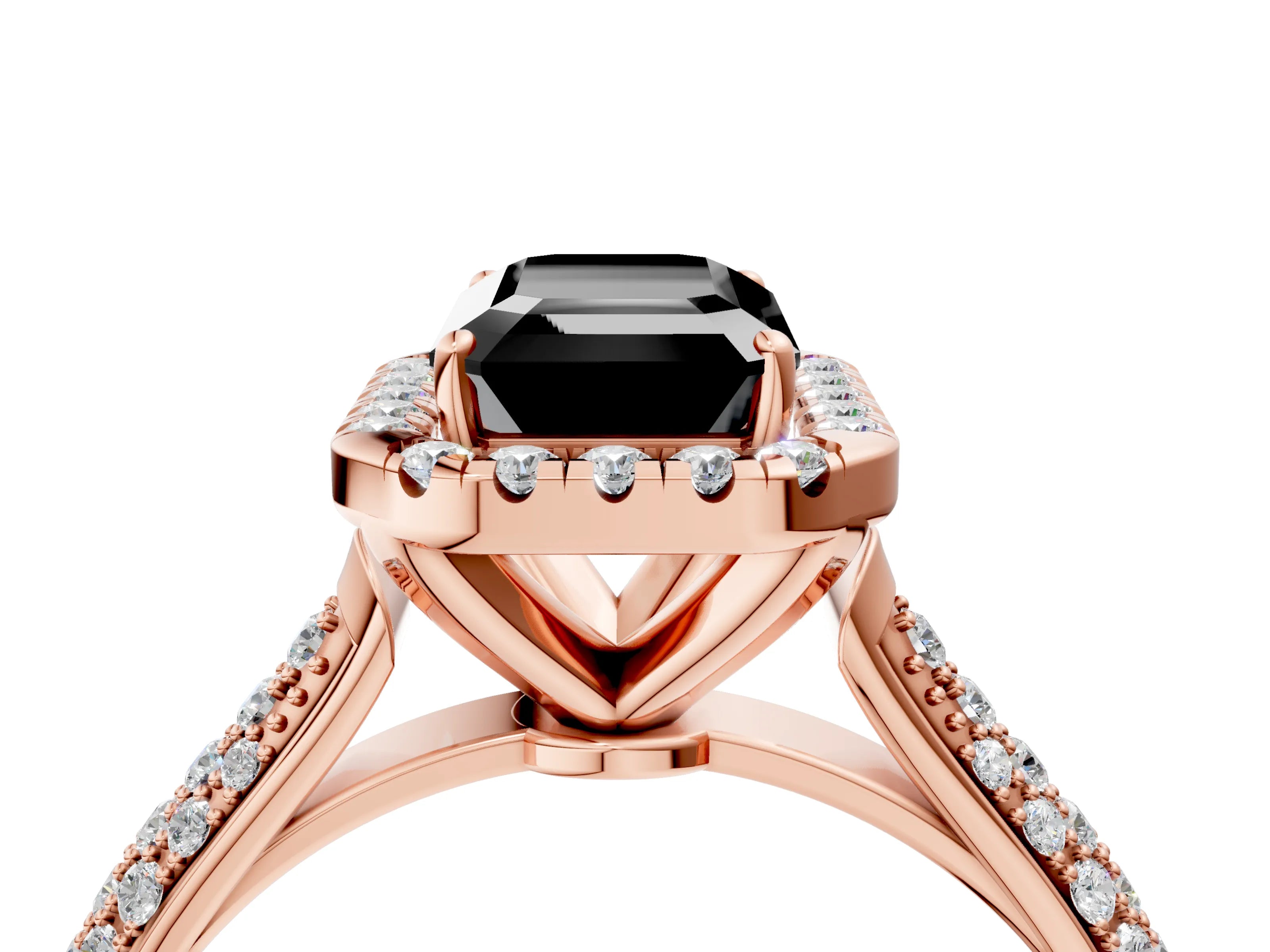 Rose gold Fancy Black Emerald Cut Halo Diamond Ring with Pavé Band_4