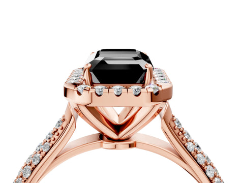 Rose gold Fancy Black Emerald Cut Halo Diamond Ring with Pavé Band_4