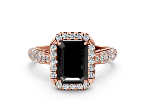 Rose gold Fancy Black Emerald Cut Halo Diamond Ring with Pavé Band