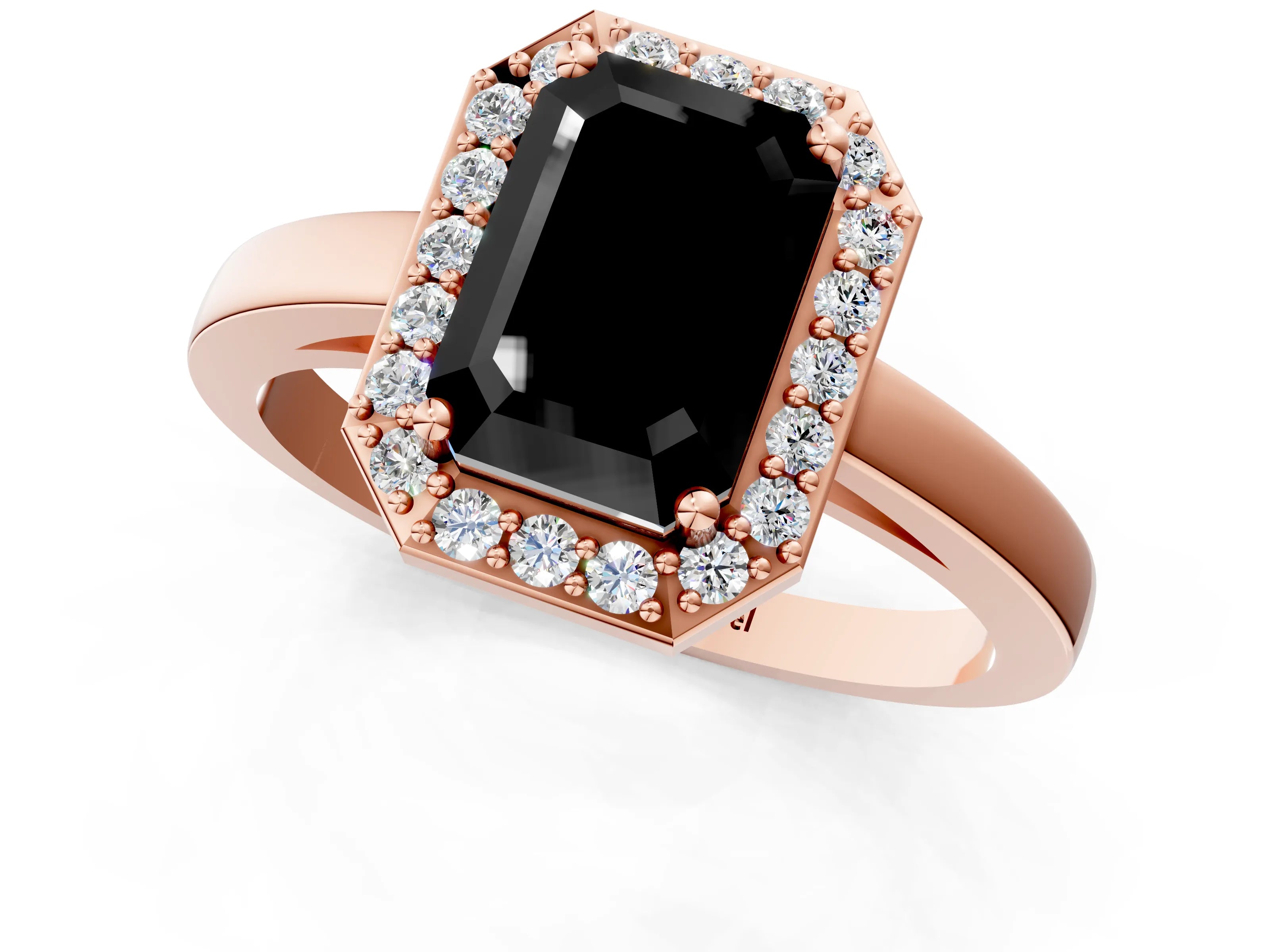Rose gold Fancy Black Emerald Cut Halo Diamond Ring with Solitaire Band and Prong Setting_1