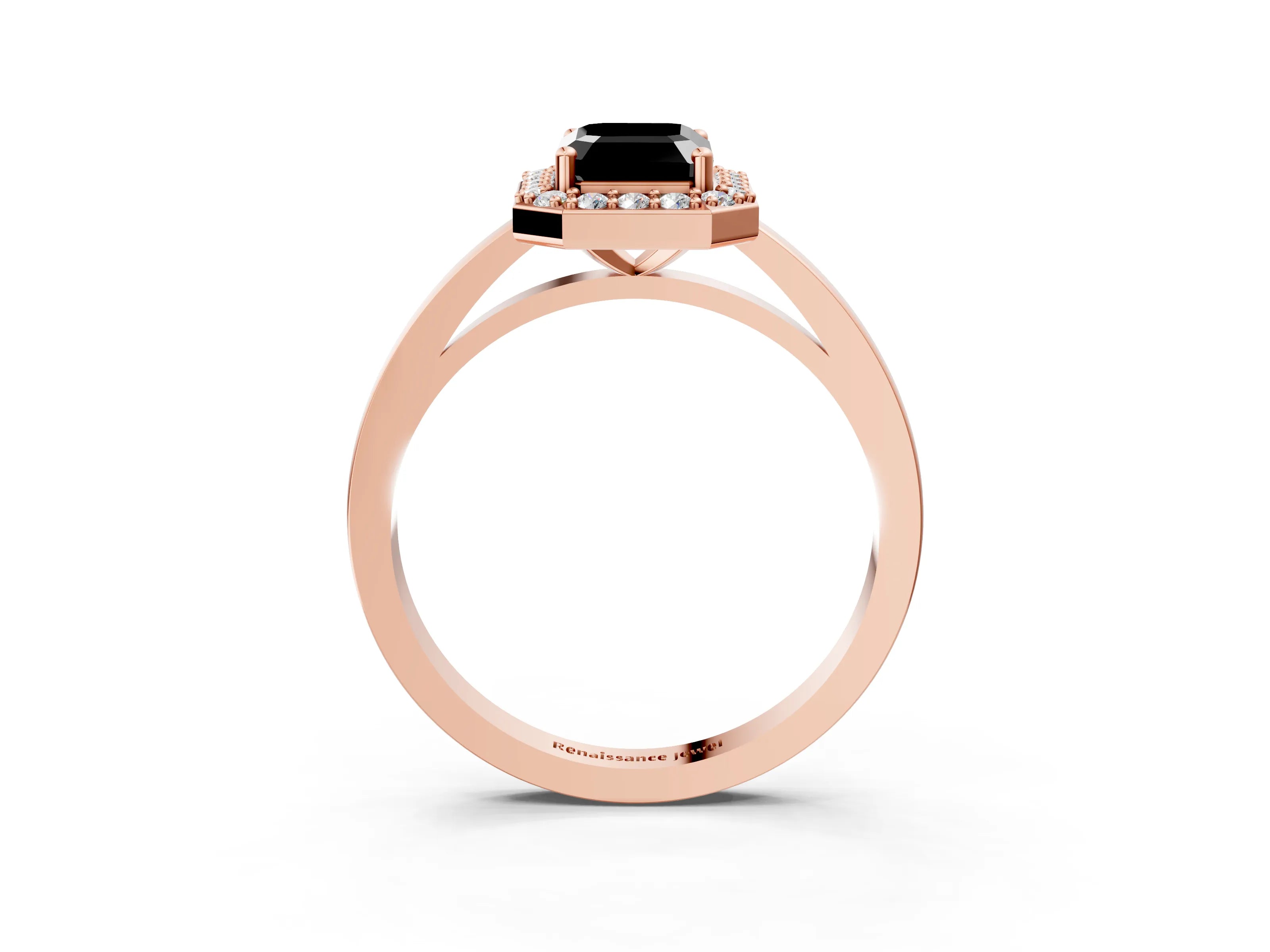 Rose gold Fancy Black Emerald Cut Halo Diamond Ring with Solitaire Band and Prong Setting_3