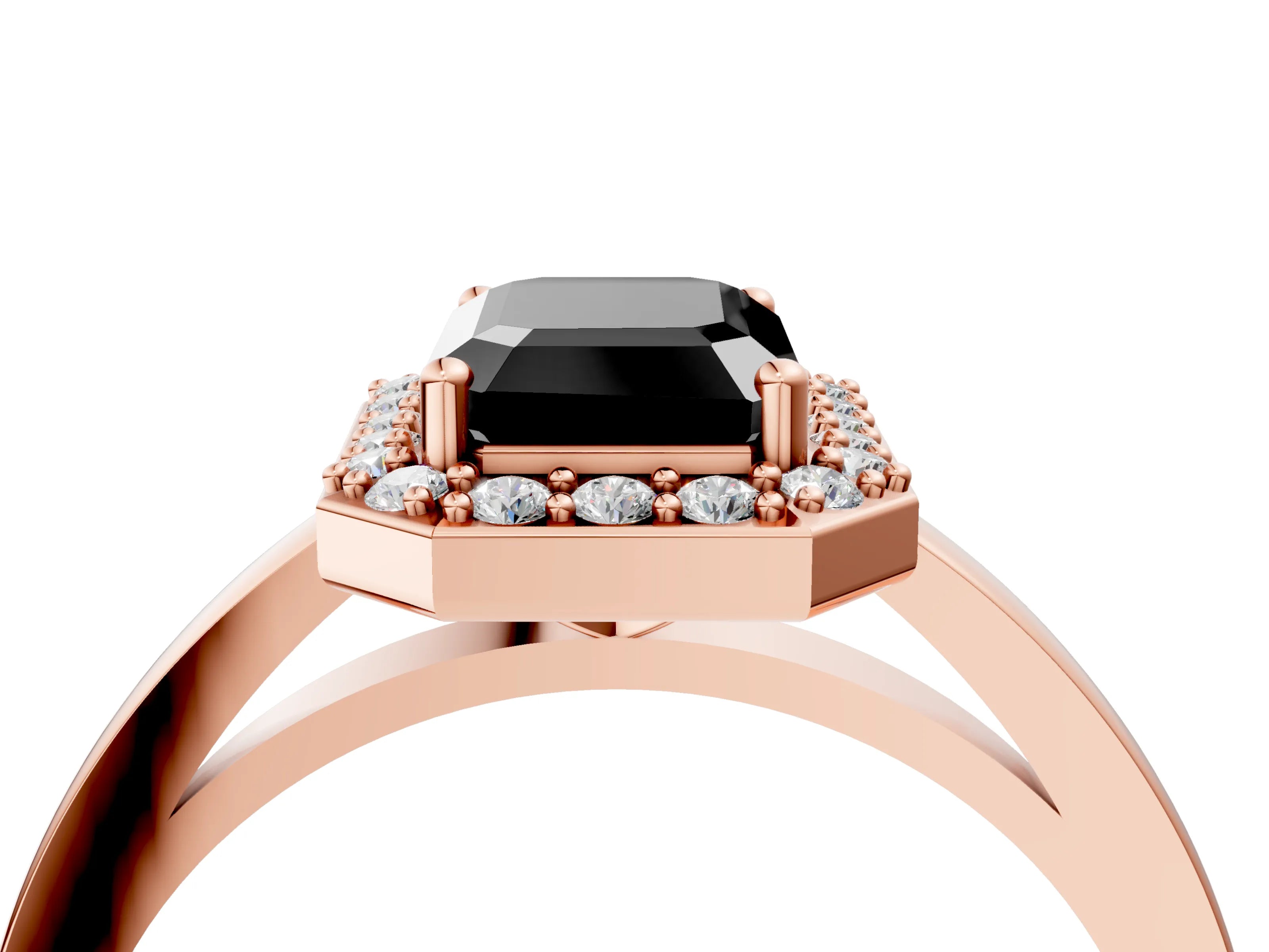 Rose gold Fancy Black Emerald Cut Halo Diamond Ring with Solitaire Band and Prong Setting_4