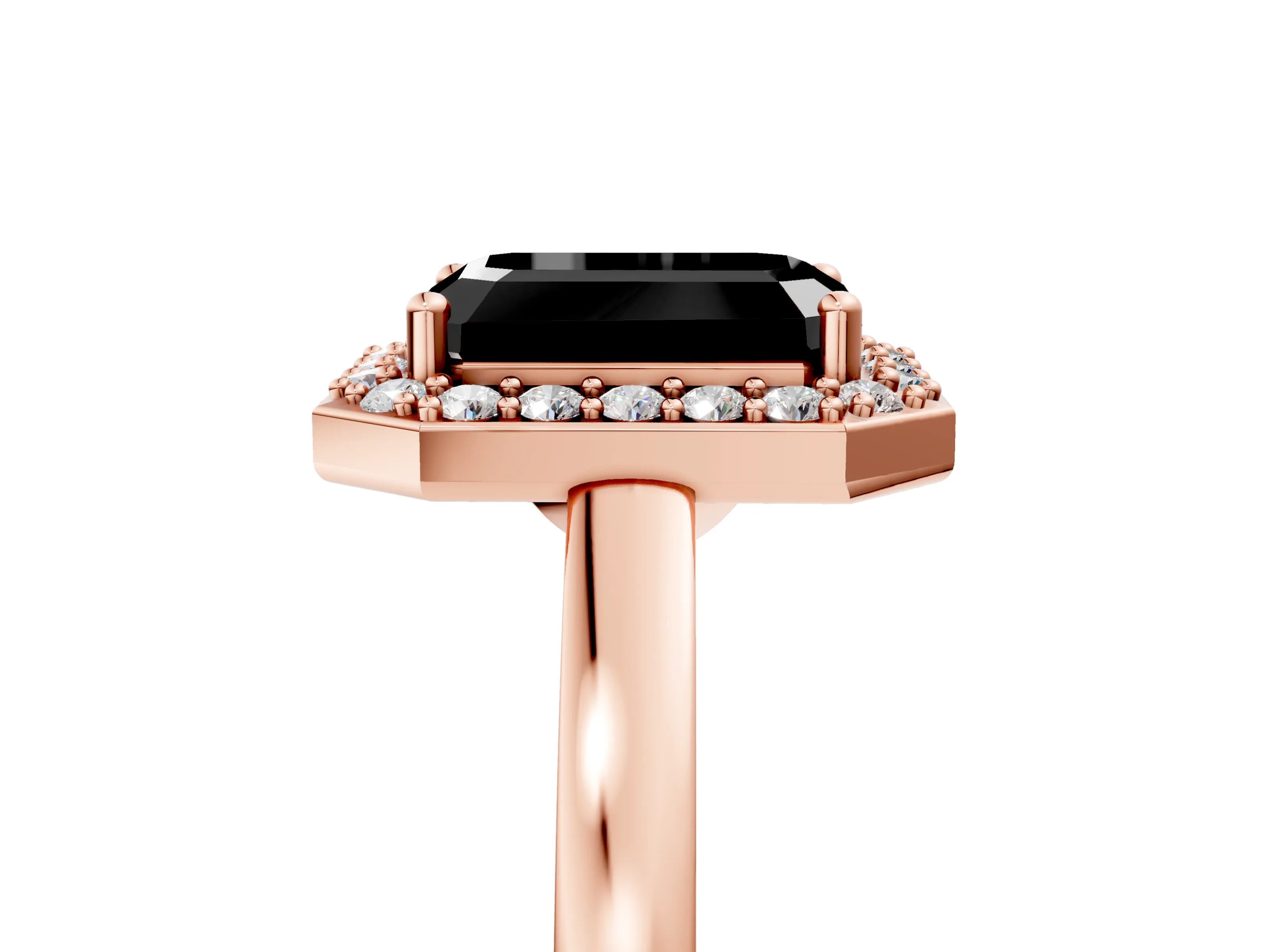 Rose gold Fancy Black Emerald Cut Halo Diamond Ring with Solitaire Band and Prong Setting_5