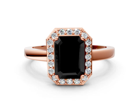 Rose gold Fancy Black Emerald Cut Halo Diamond Ring with Solitaire Band and Prong Setting