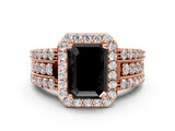 Rose gold Fancy Black Emerald Cut Halo Diamond Ring with Split Shank and Four-Prong Setting