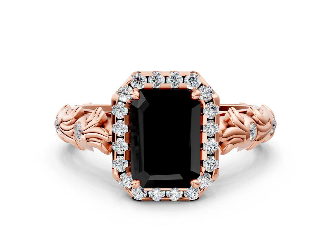 Rose gold Fancy Black Emerald Cut Halo Diamond Solitaire with Filigree Band and Four-Prong Setting