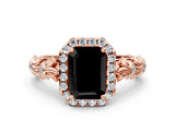 Rose gold Fancy Black Emerald Cut Halo Diamond Solitaire with Filigree Band and Four-Prong Setting