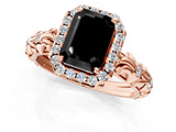 Rose gold Fancy Black Emerald Cut Halo Diamond Solitaire with Filigree Band and Four-Prong Setting_1
