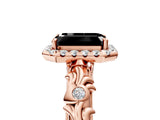 Rose gold Fancy Black Emerald Cut Halo Diamond Solitaire with Filigree Band and Four-Prong Setting_5