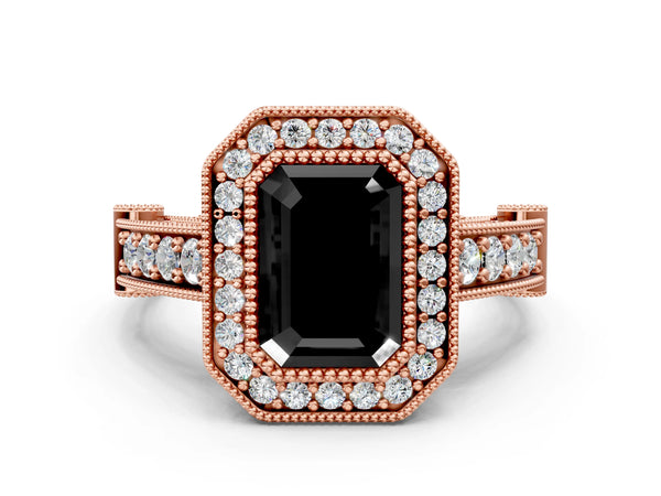 Rose Gold Emerald Cut Vintage Bezel Halo Engagement Ring Setting for Black Center