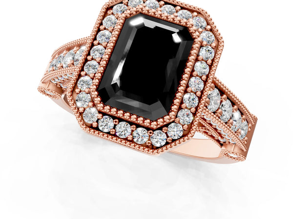 Rose Gold Emerald Cut Vintage Bezel Halo Engagement Ring Setting for Black Center