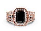 Rose gold Fancy Black Emerald Cut Halo Diamond Split Shank Ring with Prong Setting
