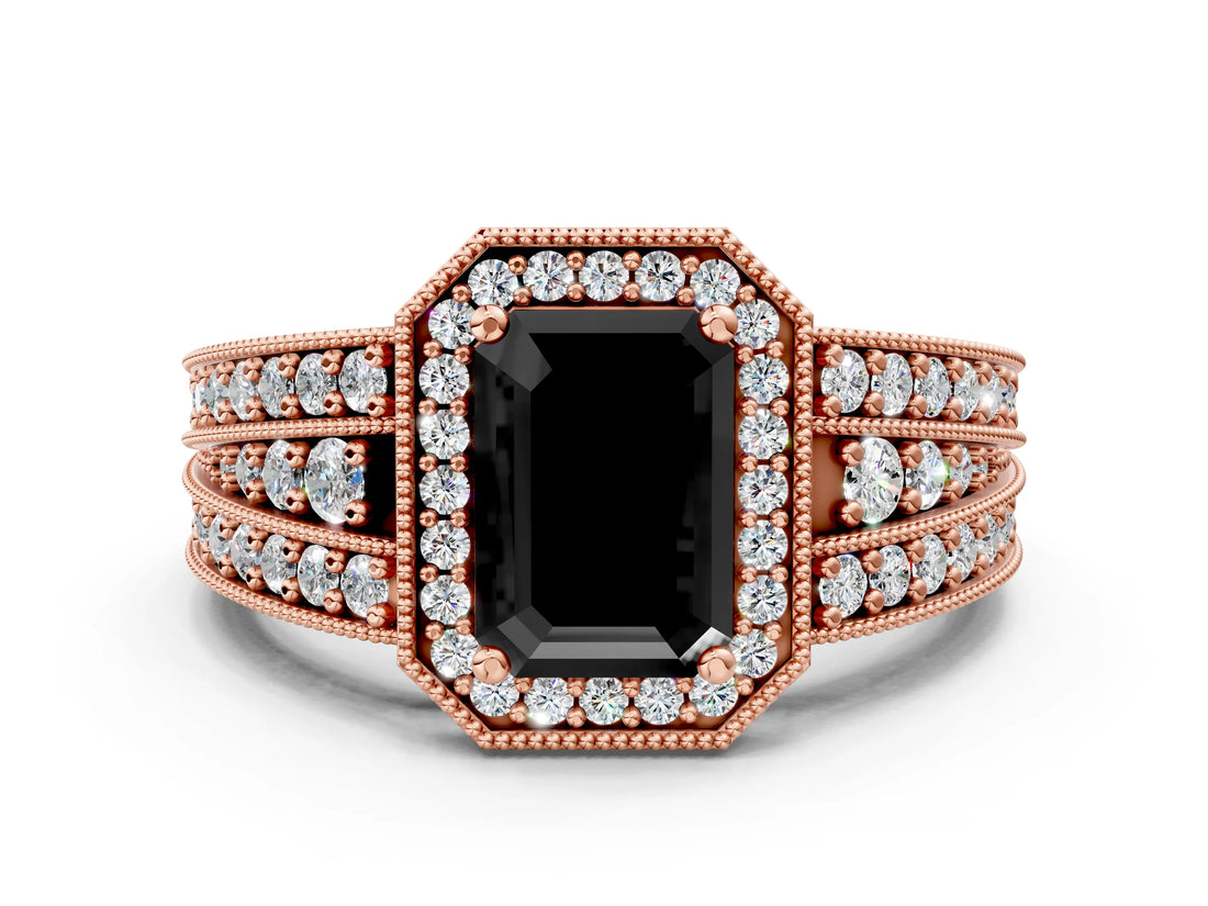 Rose gold Fancy Black Emerald Cut Halo Diamond Split Shank Ring with Prong Setting_6