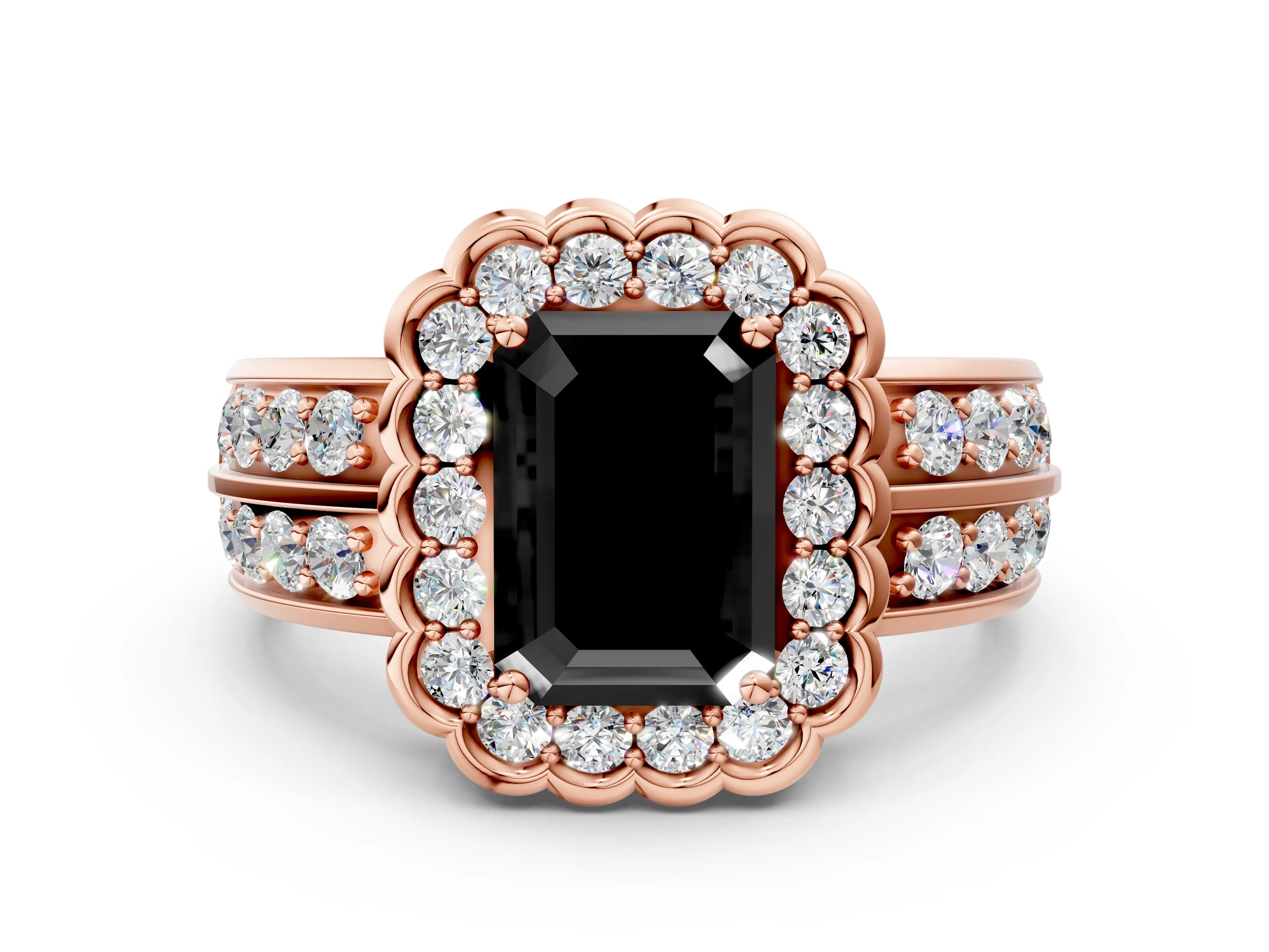 Rose gold Fancy Black Emerald Cut Halo Diamond Split Shank Ring with Scalloped Prong Setting