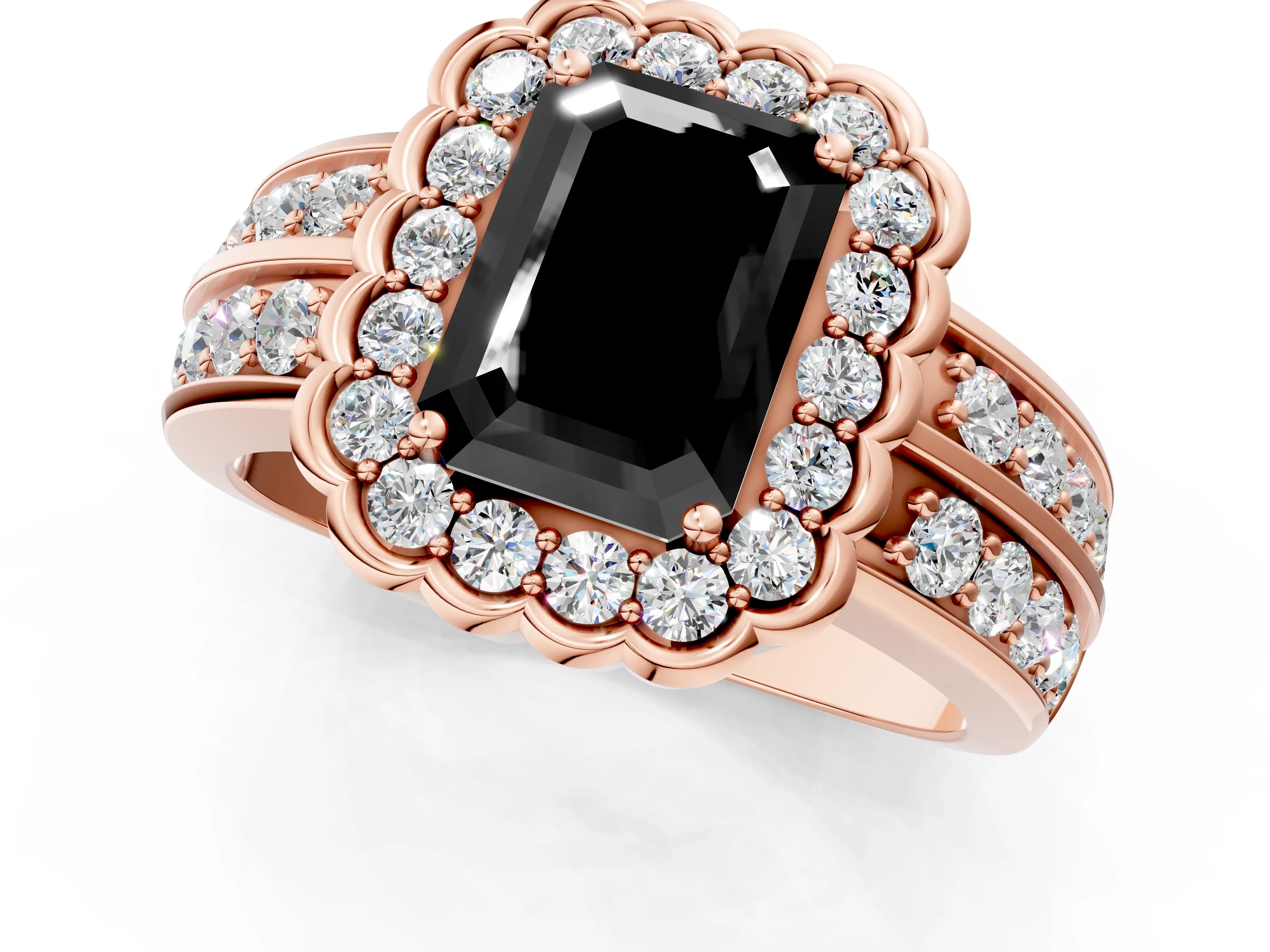 Rose gold Fancy Black Emerald Cut Halo Diamond Split Shank Ring with Scalloped Prong Setting_1