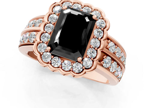 Rose gold Fancy Black Emerald Cut Halo Diamond Split Shank Ring with Scalloped Prong Setting_1