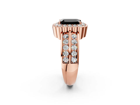 Rose gold Fancy Black Emerald Cut Halo Diamond Split Shank Ring with Scalloped Prong Setting_2