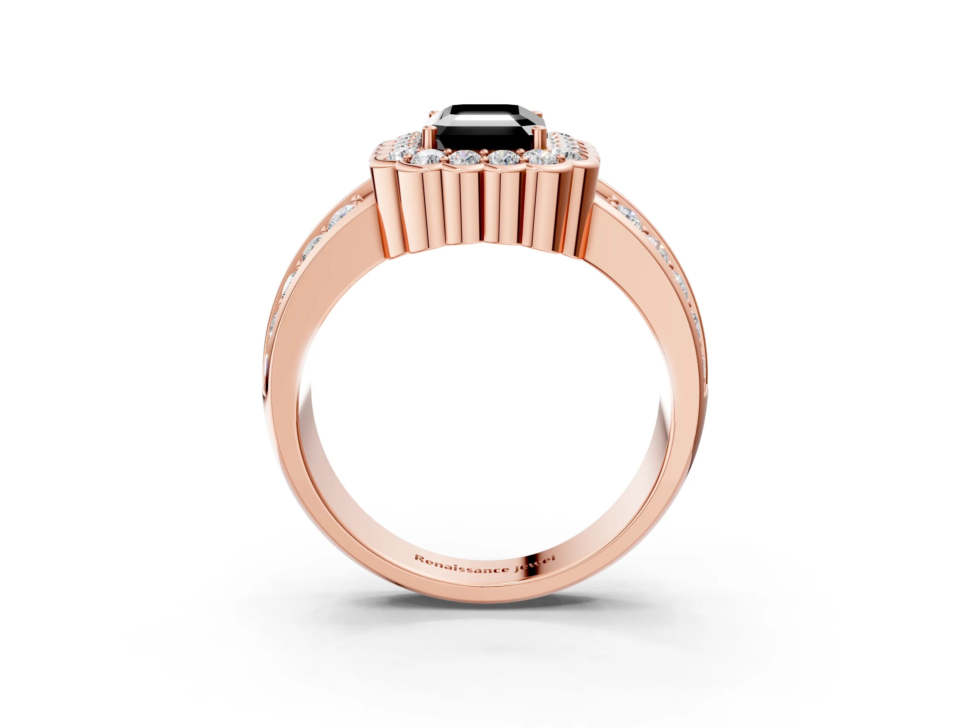 Rose gold Fancy Black Emerald Cut Halo Diamond Split Shank Ring with Scalloped Prong Setting_3