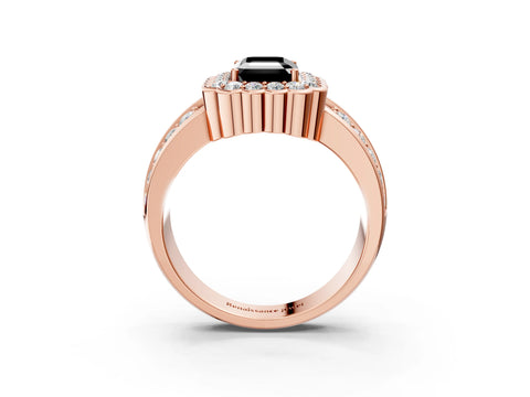 Rose gold Fancy Black Emerald Cut Halo Diamond Split Shank Ring with Scalloped Prong Setting_3