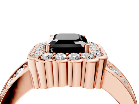 Rose gold Fancy Black Emerald Cut Halo Diamond Split Shank Ring with Scalloped Prong Setting_4