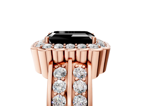Rose gold Fancy Black Emerald Cut Halo Diamond Split Shank Ring with Scalloped Prong Setting_5