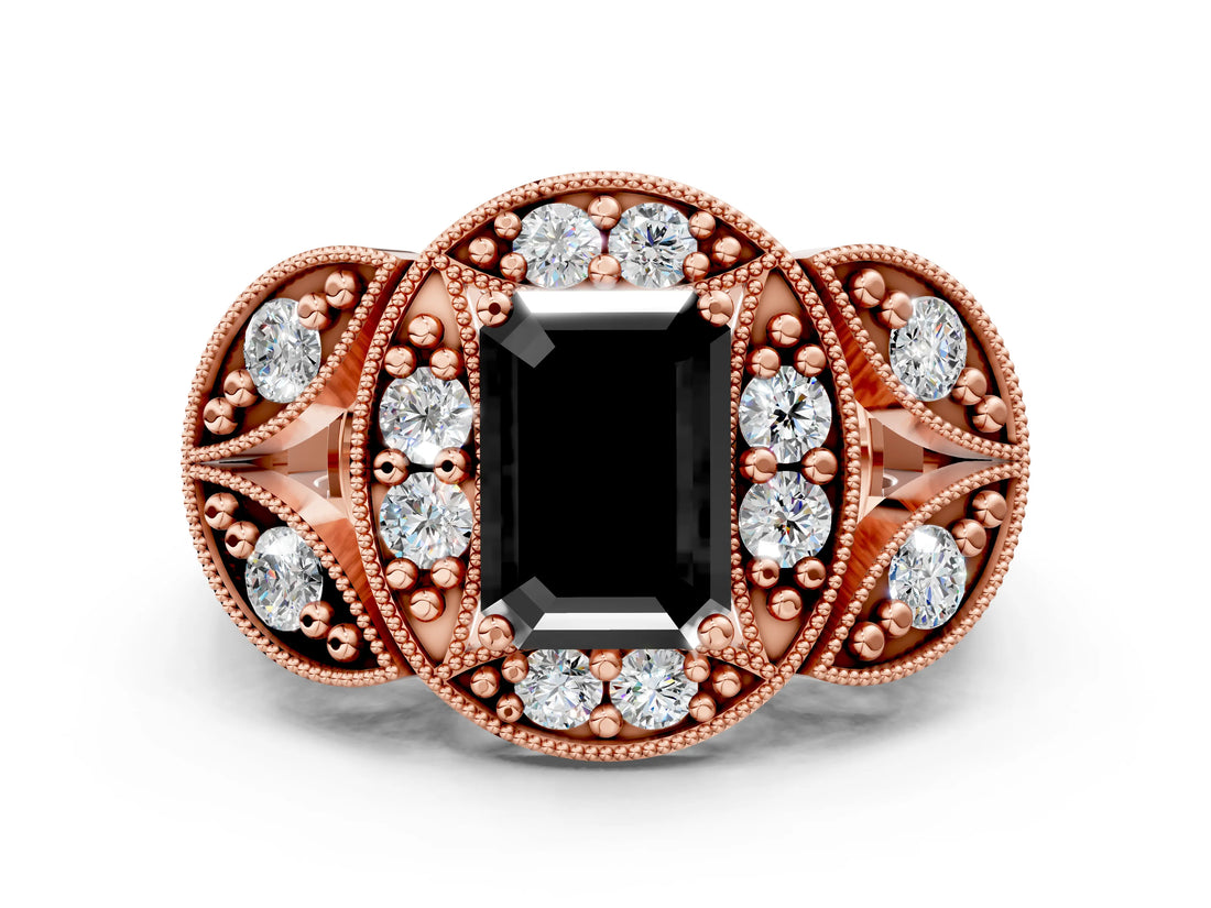 Rose gold Fancy Black Emerald Cut Halo Milgrain Diamond Engagement Ring with Leaf Band and Four-Prong Setting