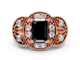 Rose gold Fancy Black Emerald Cut Halo Milgrain Diamond Engagement Ring with Leaf Band and Four-Prong Setting
