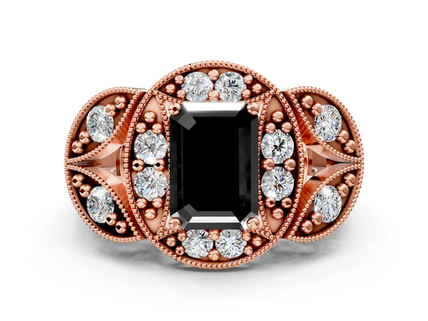 Rose gold Fancy Black Emerald Cut Halo Milgrain Diamond Engagement Ring with Leaf Band and Four-Prong Setting