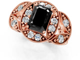 Rose gold Fancy Black Emerald Cut Halo Milgrain Diamond Engagement Ring with Leaf Band and Four-Prong Setting_1