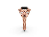 Rose gold Fancy Black Emerald Cut Halo Milgrain Diamond Engagement Ring with Leaf Band and Four-Prong Setting_2