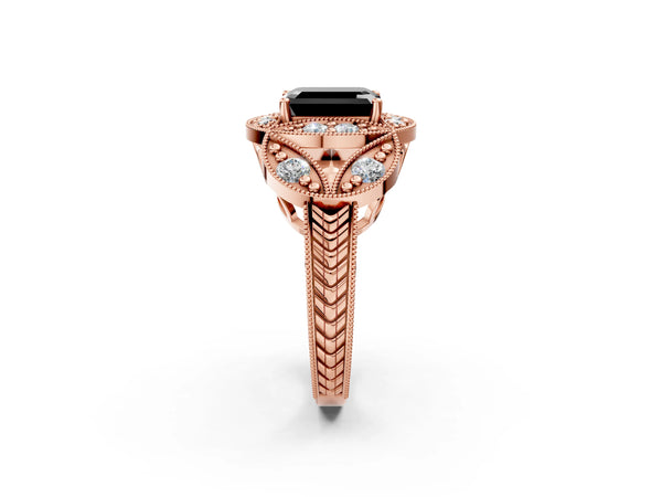Rose gold Fancy Black Emerald Cut Halo Milgrain Diamond Engagement Ring with Leaf Band and Four-Prong Setting