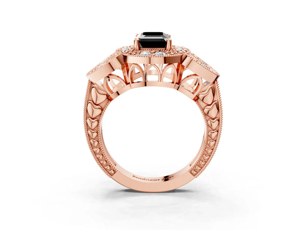 Rose gold Fancy Black Emerald Cut Halo Milgrain Diamond Engagement Ring with Leaf Band and Four-Prong Setting