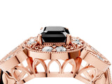 Rose gold Fancy Black Emerald Cut Halo Milgrain Diamond Engagement Ring with Leaf Band and Four-Prong Setting_4